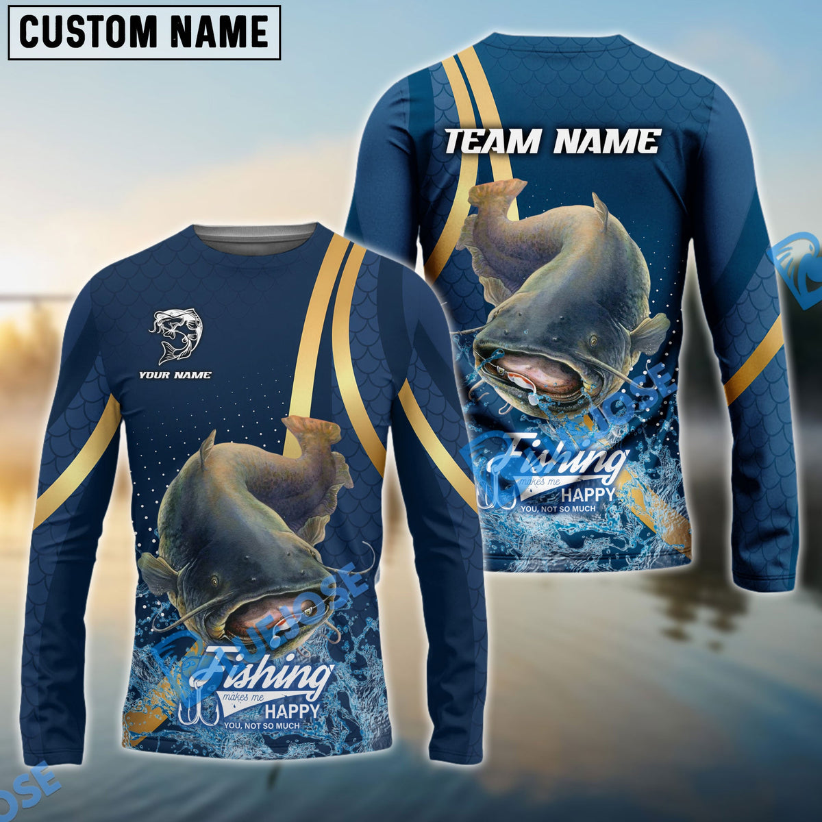 BlueJose Catfish Fishing Navy Gold Sport Stripe Scale Pattern Custom Name & Team Name 3D Shirts