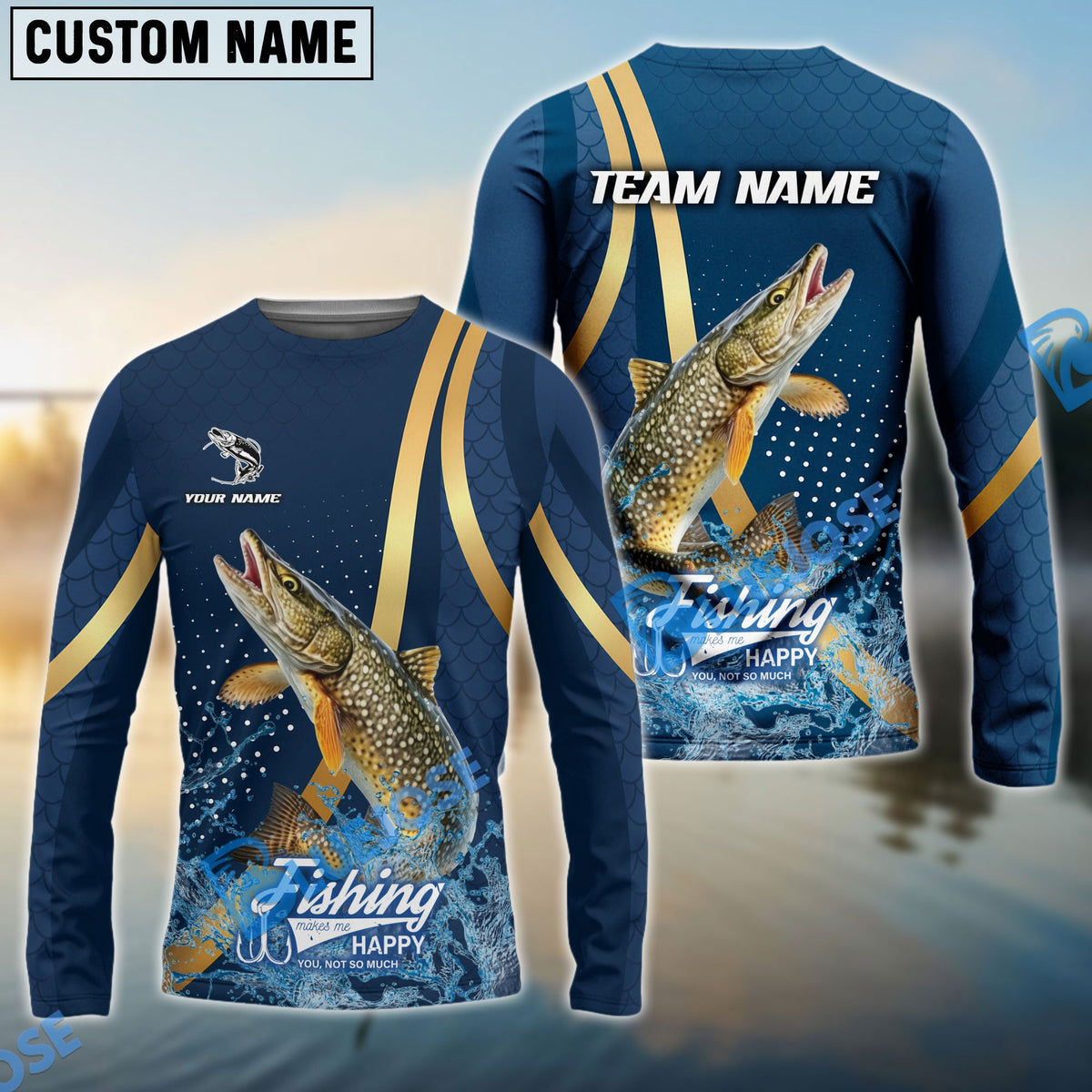 BlueJose Pike Fishing Navy Gold Sport Stripe Scale Pattern Custom Name & Team Name 3D Shirts
