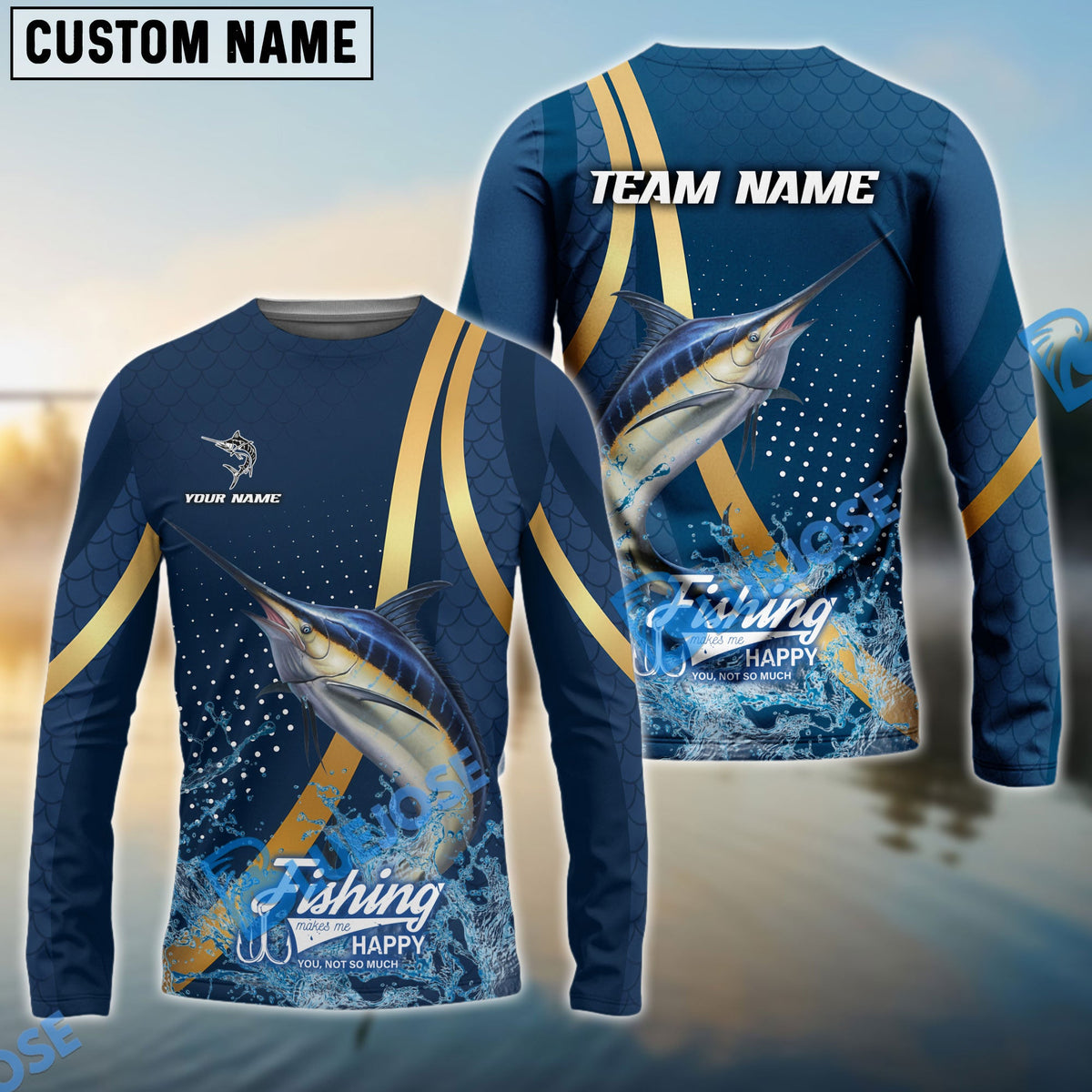 BlueJose Marlin Fishing Navy Gold Sport Stripe Scale Pattern Custom Name & Team Name 3D Shirts