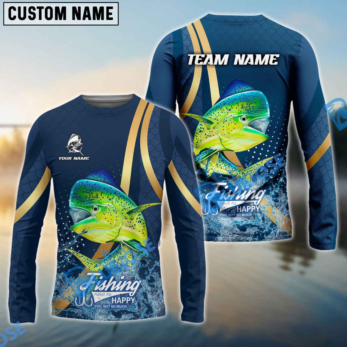 BlueJose Mahi-Mahi Fishing Navy Gold Sport Stripe Scale Pattern Custom Name & Team Name 3D Shirts
