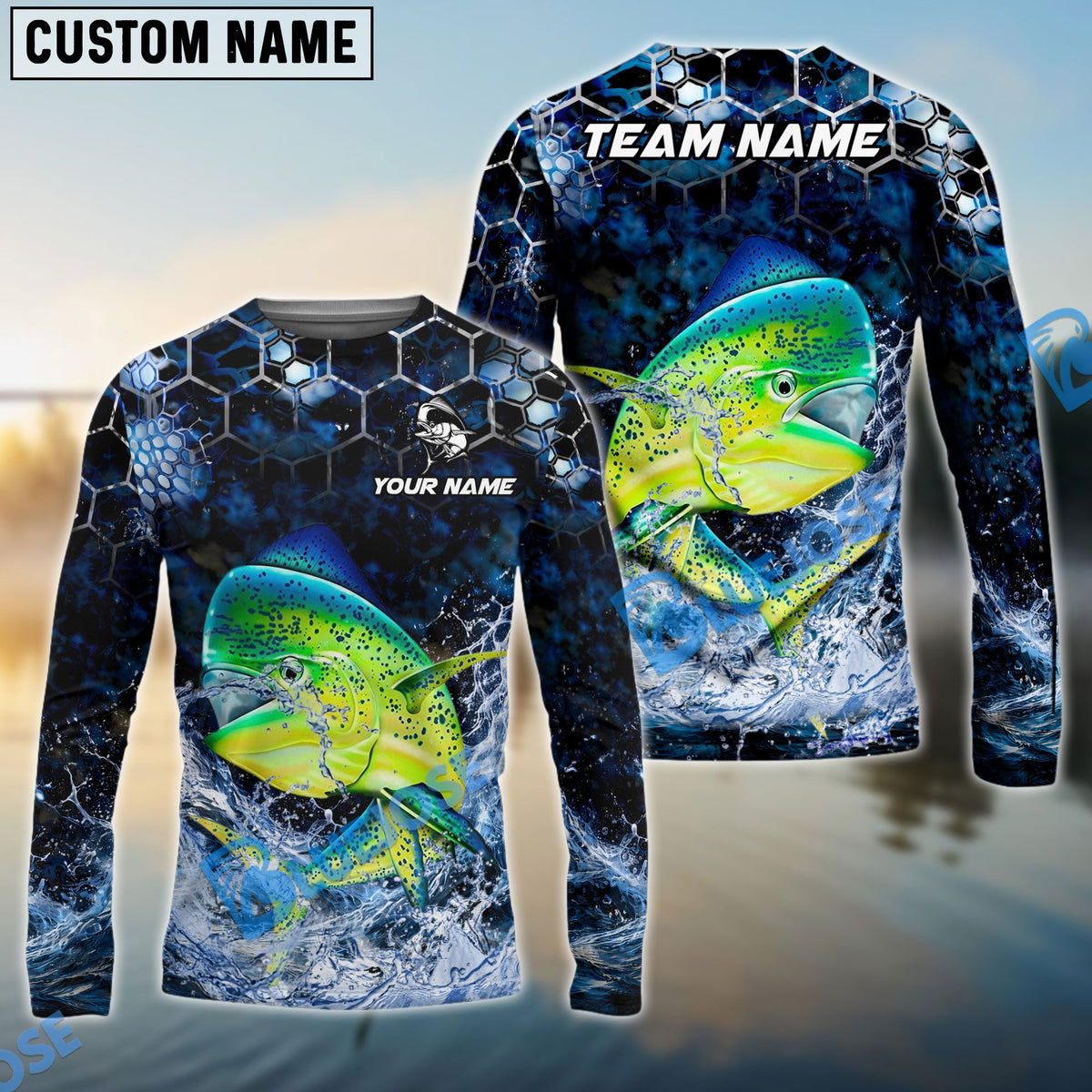 BlueJose Fishing Dark Navy Hexagon Water Splash Pattern Custom Name & Team Name 3D Shirts (12 Breeds)