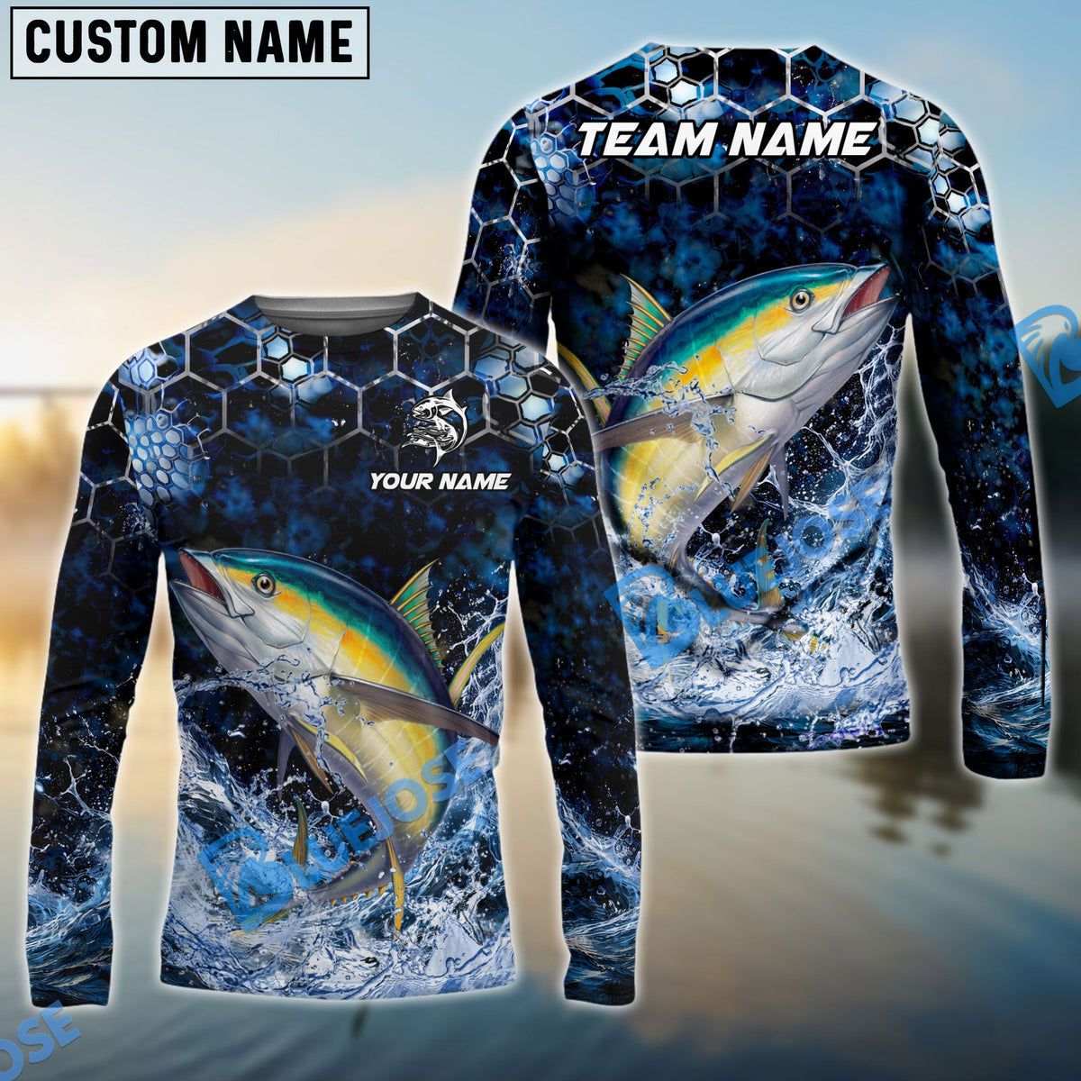 BlueJose Fishing Dark Navy Hexagon Water Splash Pattern Custom Name & Team Name 3D Shirts (12 Breeds)