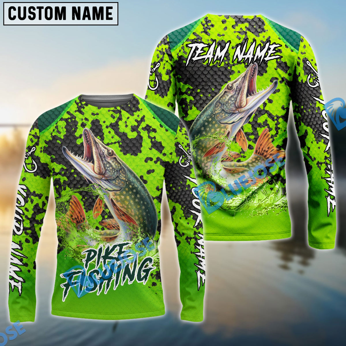 BlueJose Fishing Light Green Camo Scale Custom Name & Team Name 3D Shirts (12 Breeds)