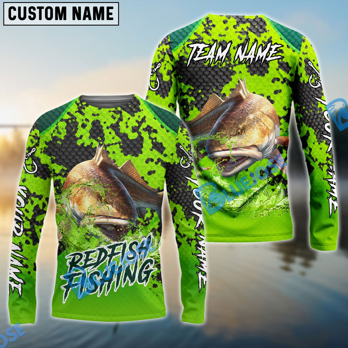 BlueJose Fishing Light Green Camo Scale Custom Name & Team Name 3D Shirts (12 Breeds)