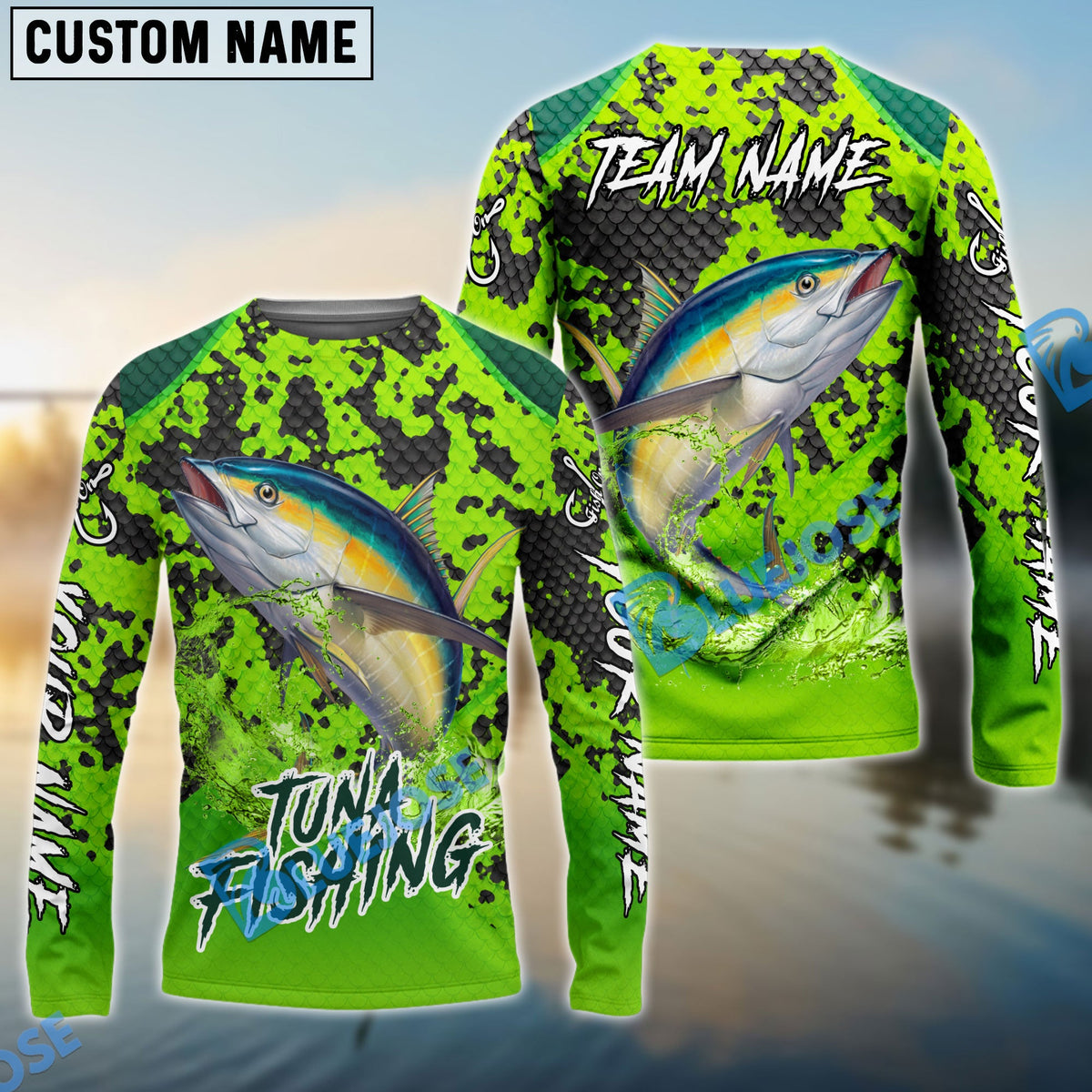 BlueJose Fishing Light Green Camo Scale Custom Name & Team Name 3D Shirts (12 Breeds)