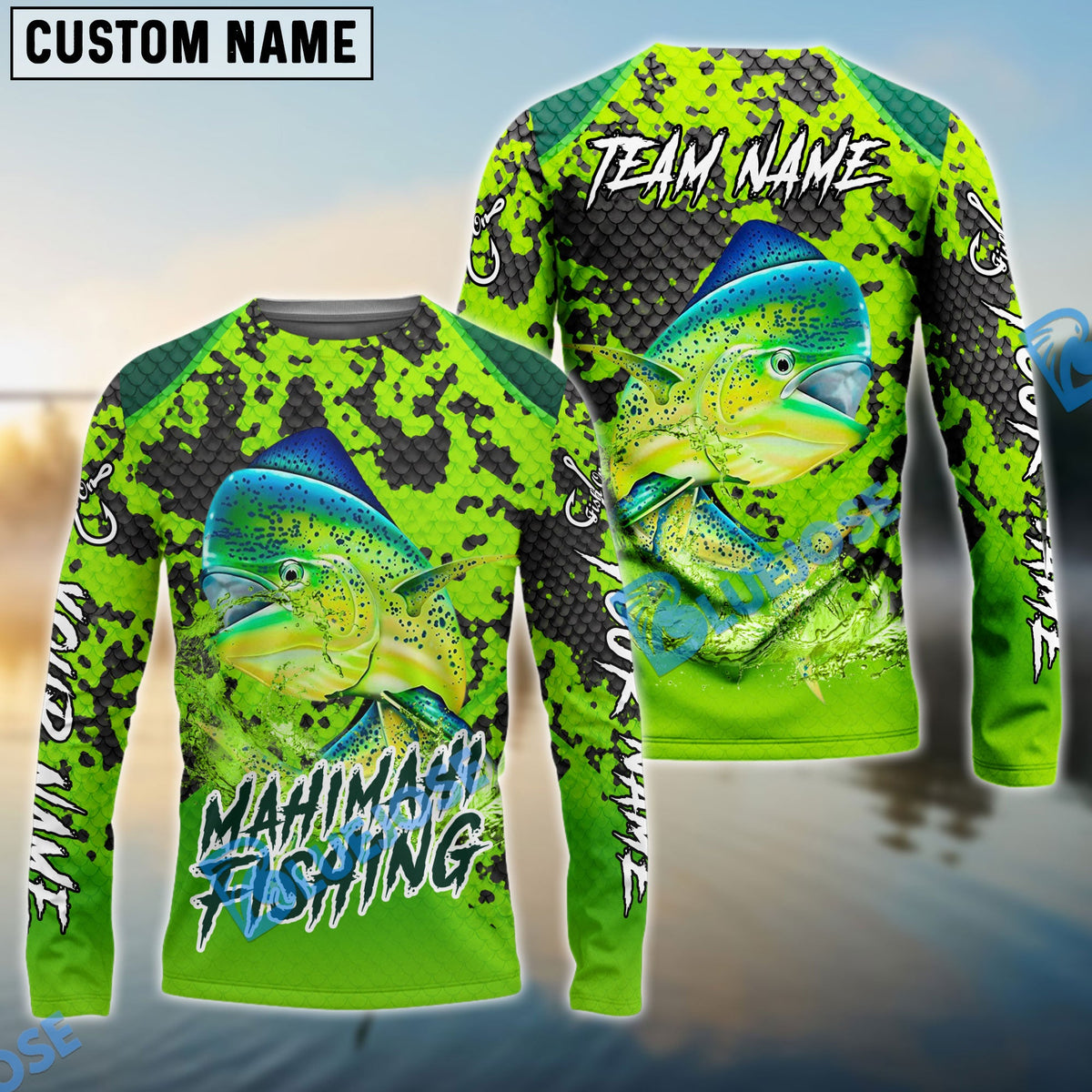 BlueJose Fishing Light Green Camo Scale Custom Name & Team Name 3D Shirts (12 Breeds)
