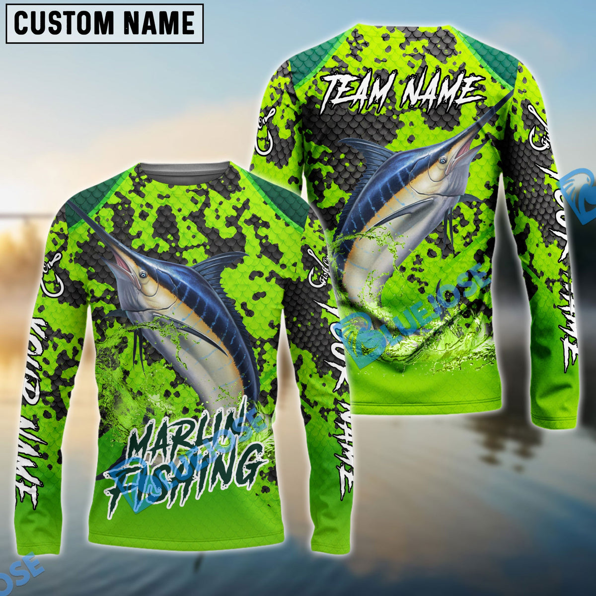 BlueJose Fishing Light Green Camo Scale Custom Name & Team Name 3D Shirts (12 Breeds)