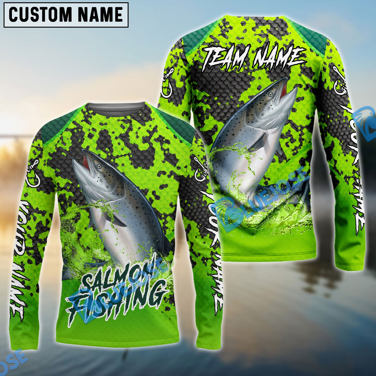BlueJose Fishing Light Green Camo Scale Custom Name & Team Name 3D Shirts (12 Breeds)