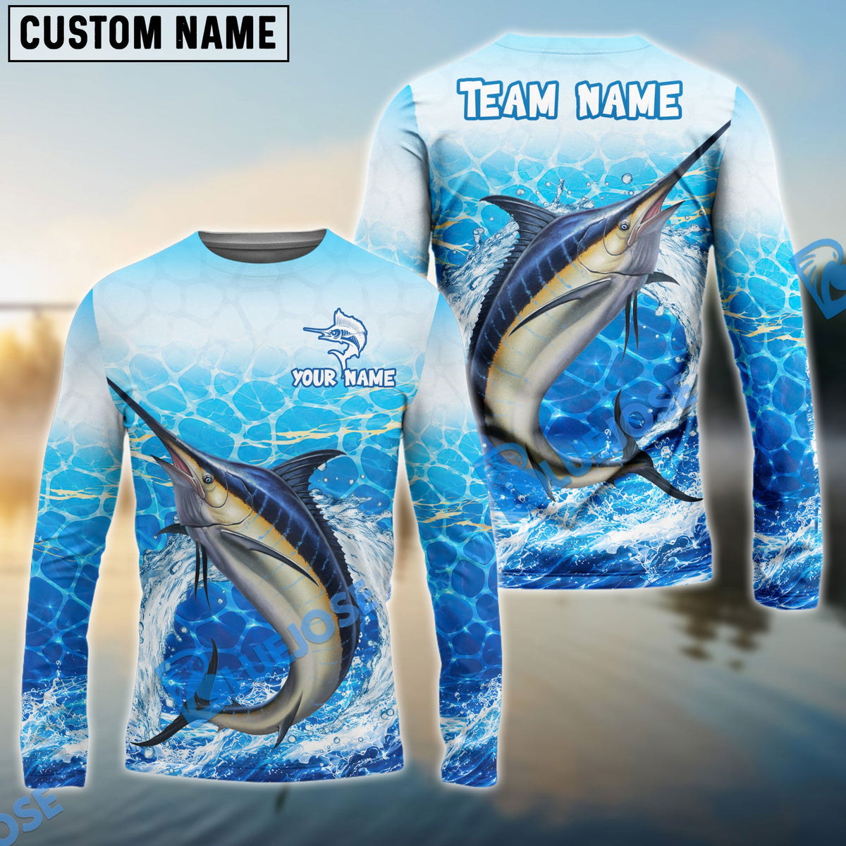 BlueJose Fishing White Blue Ocean Splash Custom Name & Team Name 3D Shirts (12 Breeds)