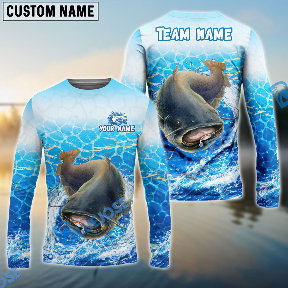 BlueJose Fishing White Blue Ocean Splash Custom Name & Team Name 3D Shirts (12 Breeds)