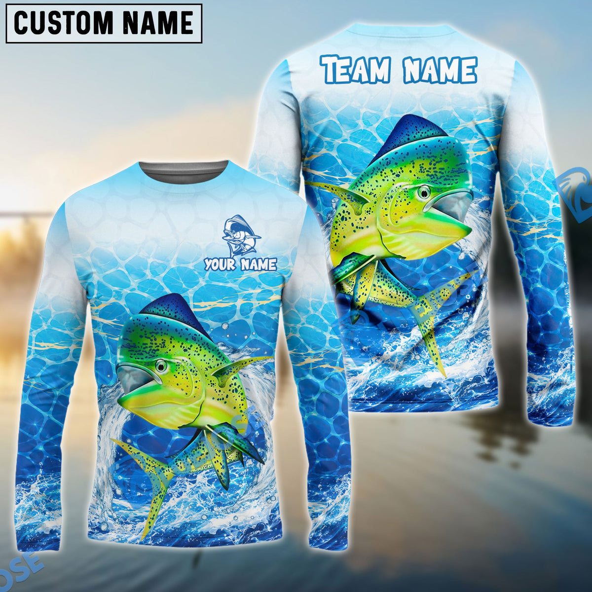 BlueJose Fishing White Blue Ocean Splash Custom Name & Team Name 3D Shirts (12 Breeds)