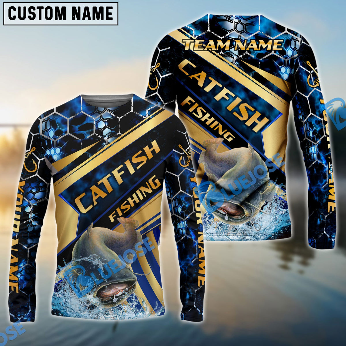 BlueJose Fishing Navy Hexagon Gold Stripe Custom Name & Team Name 3D Shirts (12 Breeds)