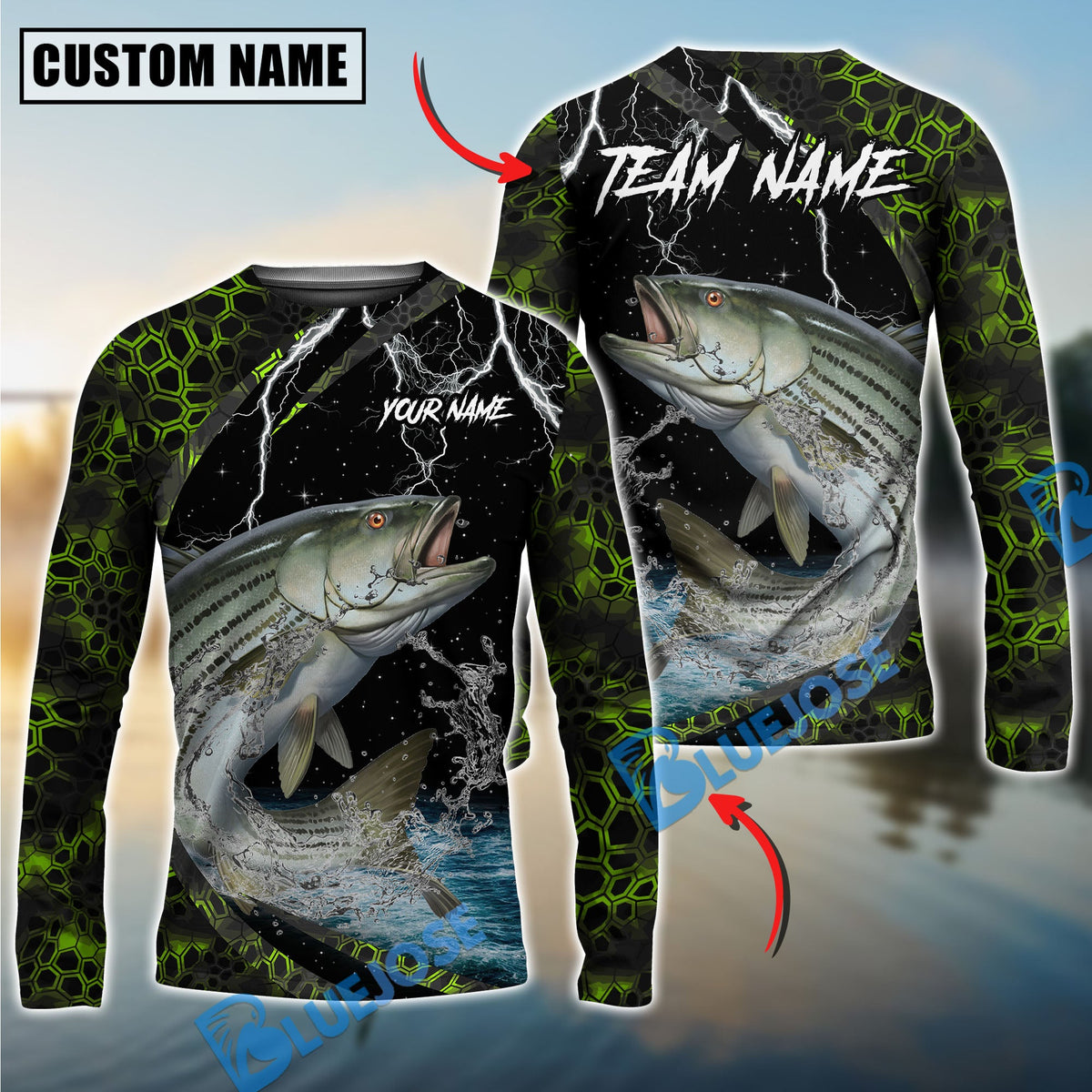 BlueJose Fishing Green Thunder Strike Custom Name & Team Name 3D Shirts (12 Breeds)