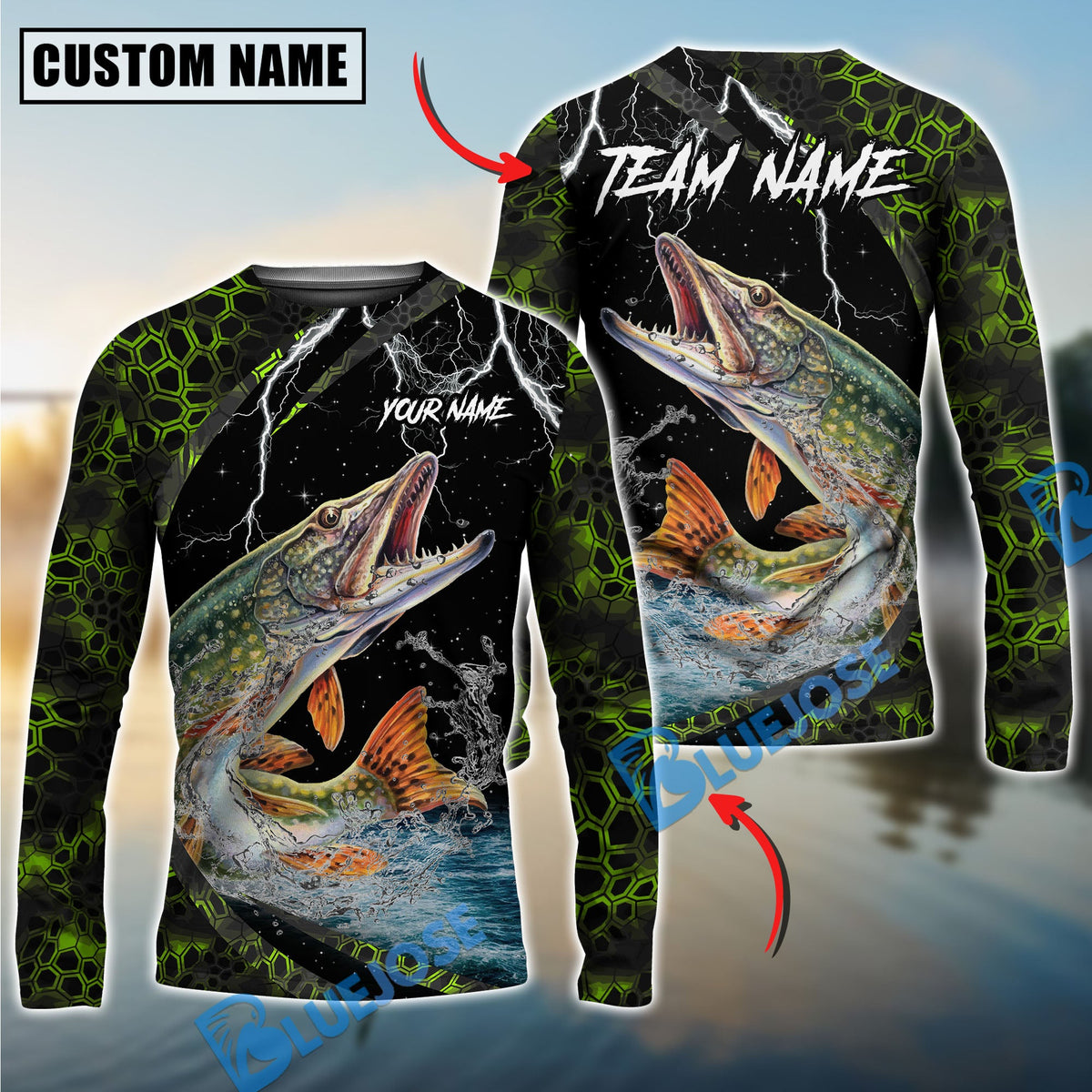 BlueJose Fishing Green Thunder Strike Custom Name & Team Name 3D Shirts (12 Breeds)