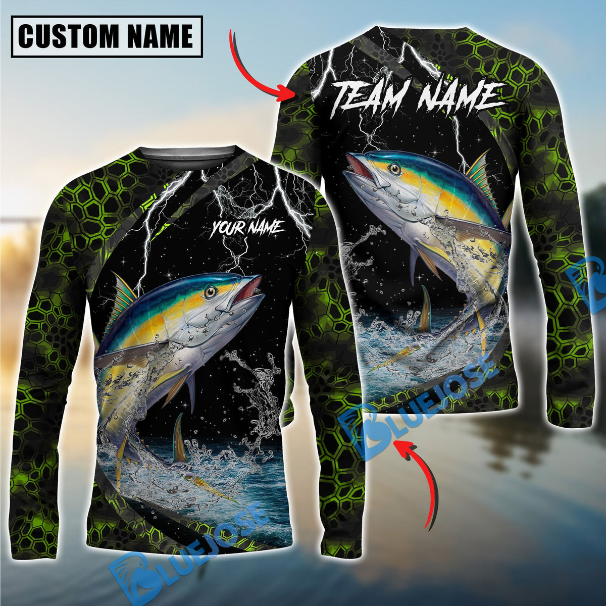 BlueJose Fishing Green Thunder Strike Custom Name & Team Name 3D Shirts (12 Breeds)