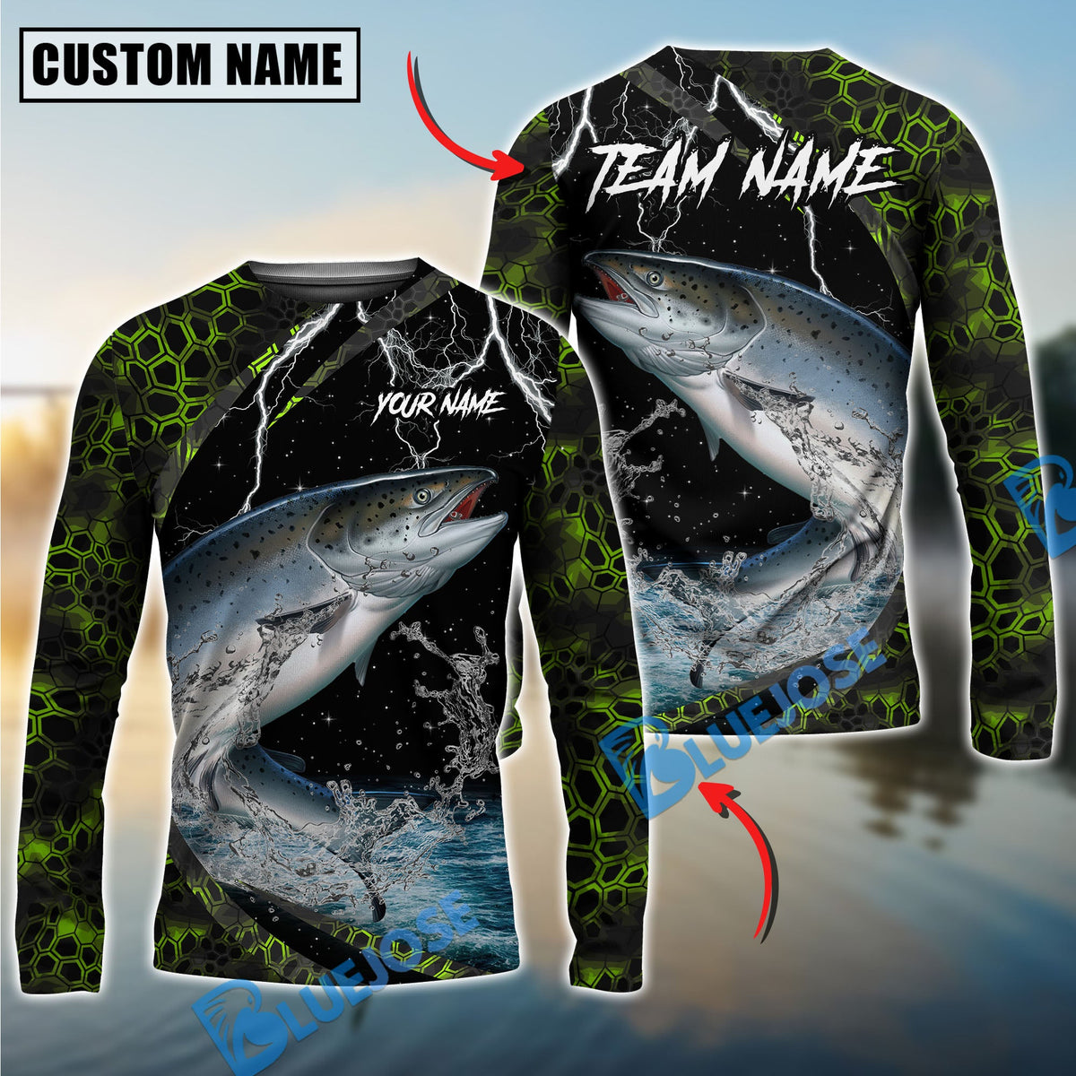 BlueJose Fishing Green Thunder Strike Custom Name & Team Name 3D Shirts (12 Breeds)