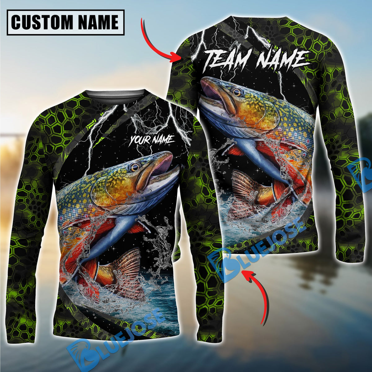 BlueJose Fishing Green Thunder Strike Custom Name & Team Name 3D Shirts (12 Breeds)