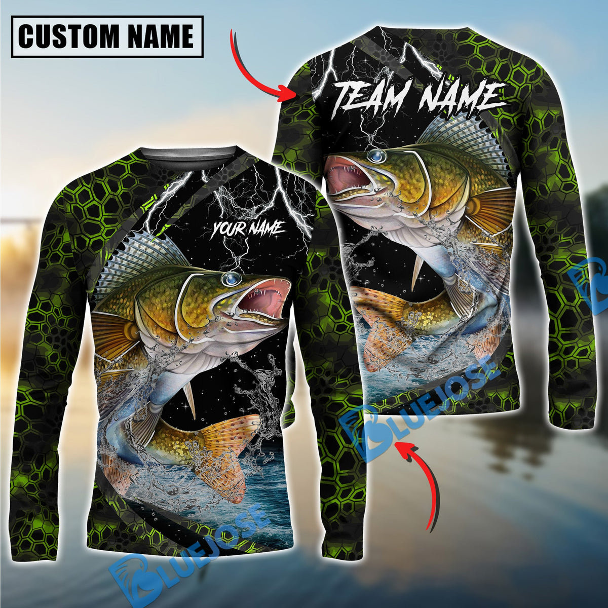 BlueJose Fishing Green Thunder Strike Custom Name & Team Name 3D Shirts (12 Breeds)