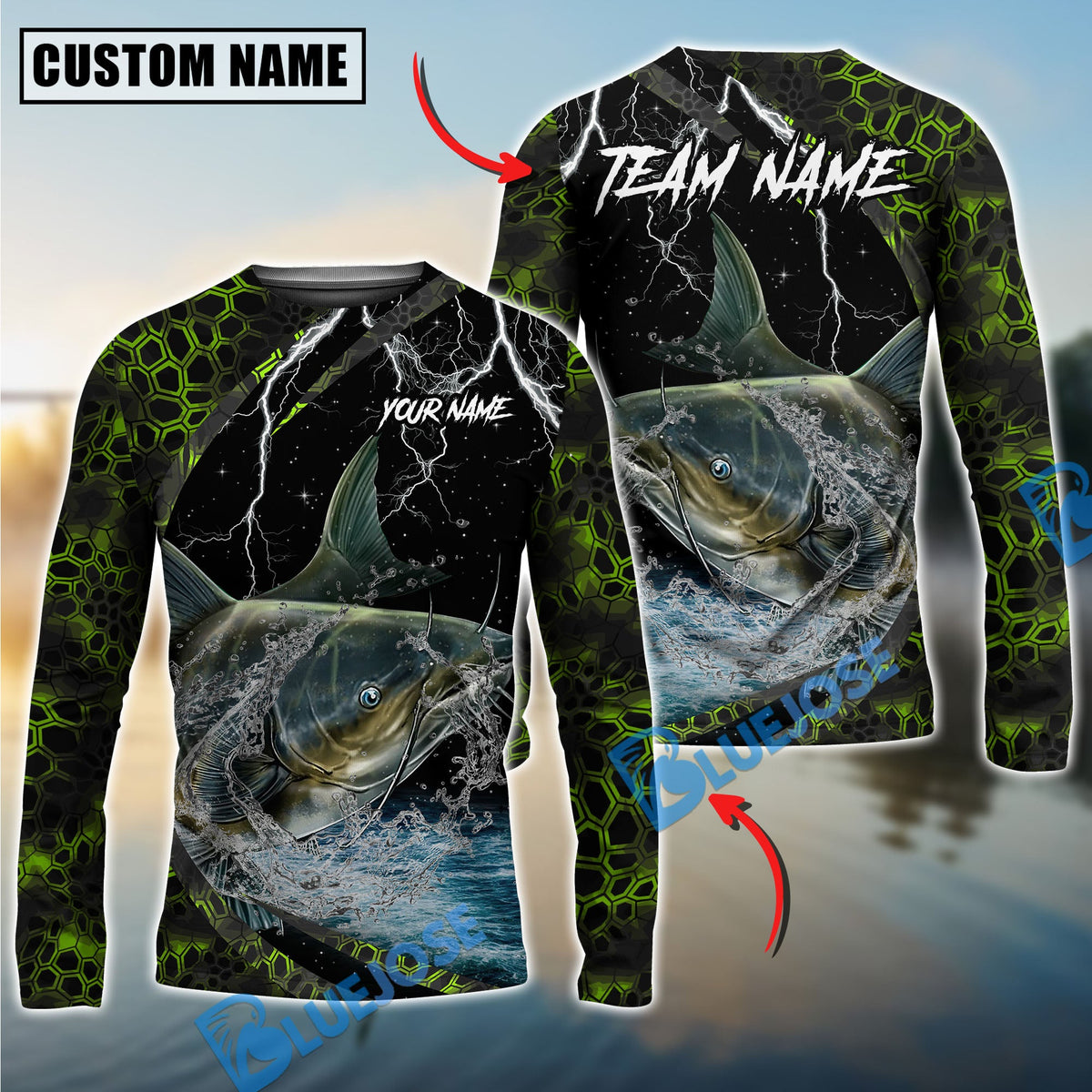 BlueJose Fishing Green Thunder Strike Custom Name & Team Name 3D Shirts (12 Breeds)