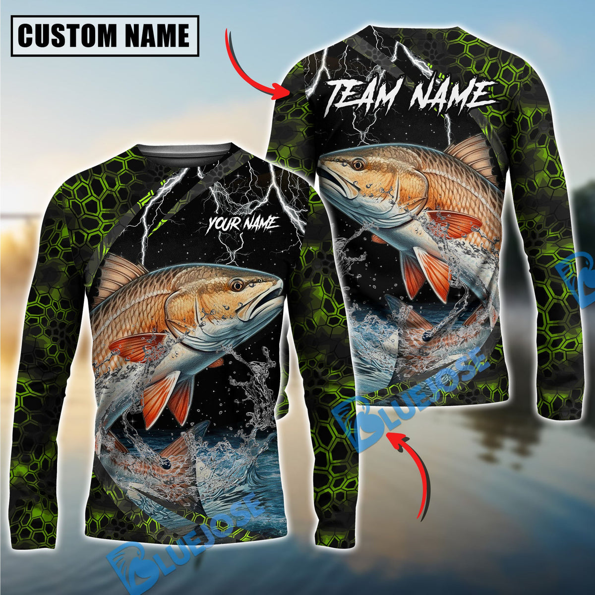 BlueJose Fishing Green Thunder Strike Custom Name & Team Name 3D Shirts (12 Breeds)