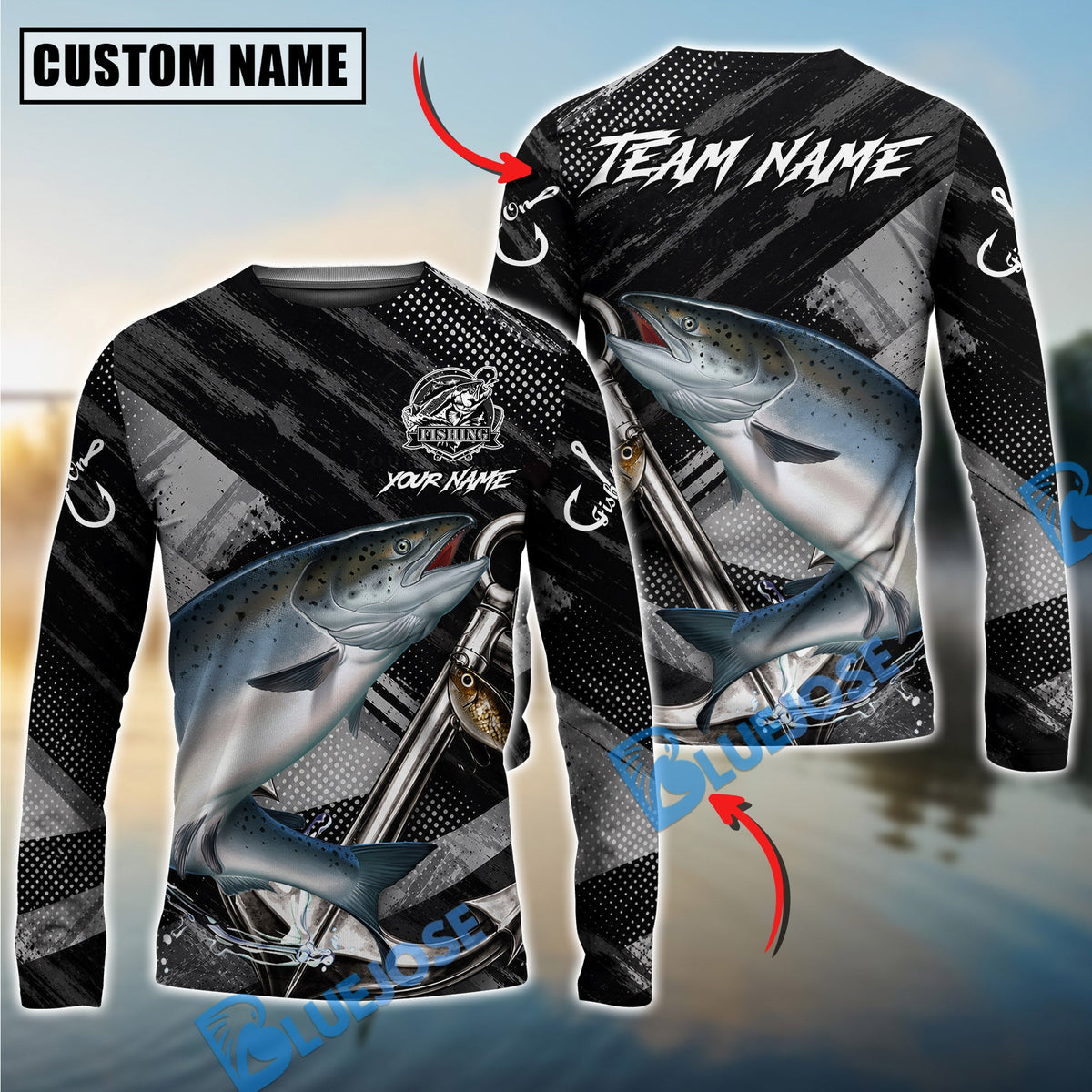 BlueJose Fishing Black Gray Grunge Anchor Vintage Custom Name & Team Name 3D Shirts (12 Breeds)