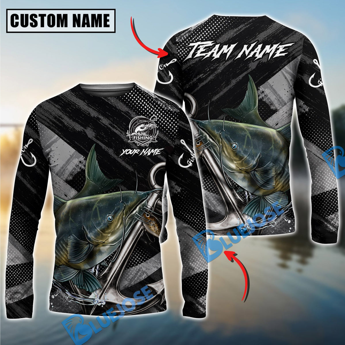 BlueJose Fishing Black Gray Grunge Anchor Vintage Custom Name & Team Name 3D Shirts (12 Breeds)