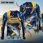 BlueJose Fishing Blue Flame Golden American Flag Custom Name & Team Name 3D Shirts (12 Breeds)