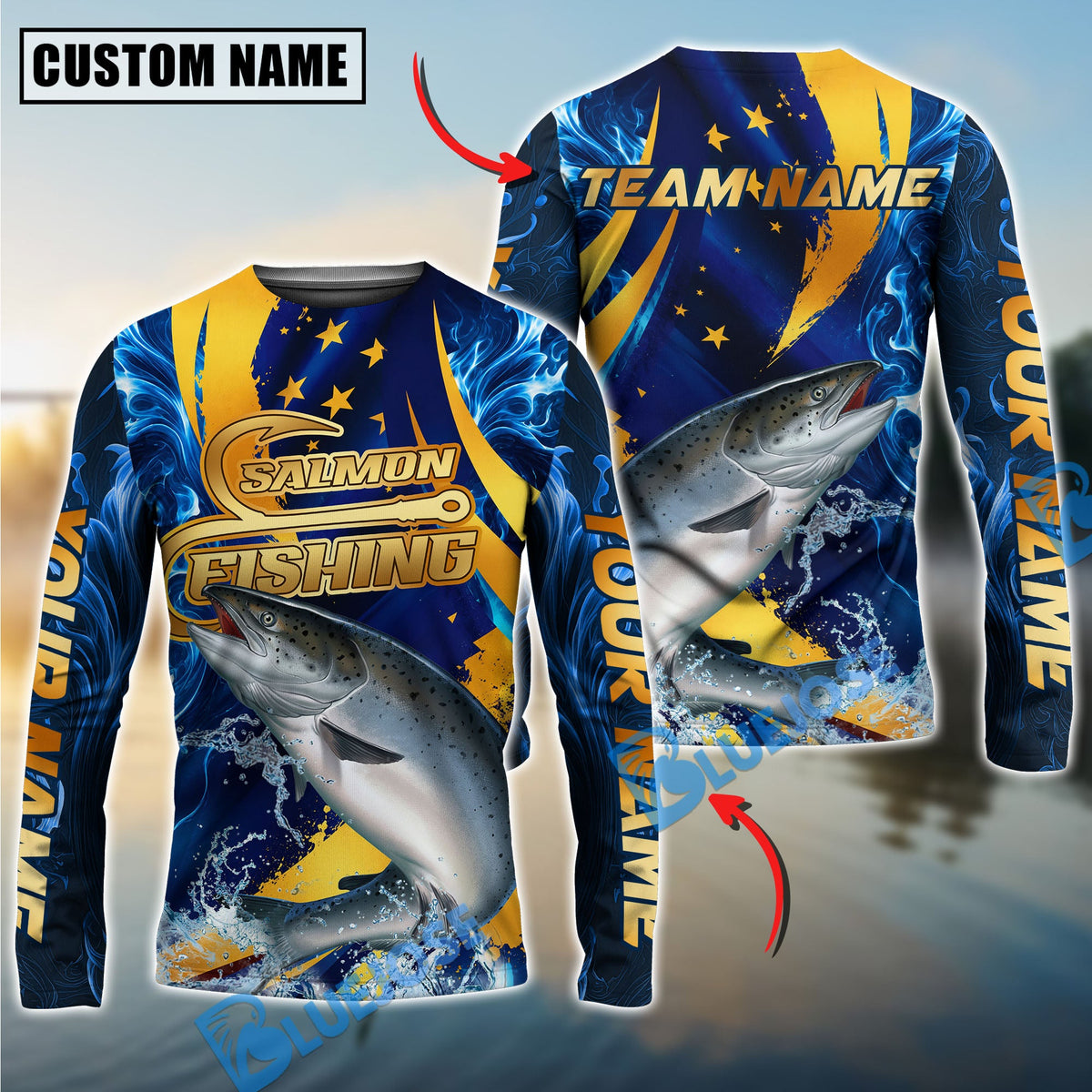 BlueJose Fishing Blue Flame Golden American Flag Custom Name & Team Name 3D Shirts (12 Breeds)