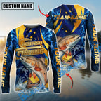 BlueJose Fishing Blue Flame Golden American Flag Custom Name & Team Name 3D Shirts (12 Breeds)