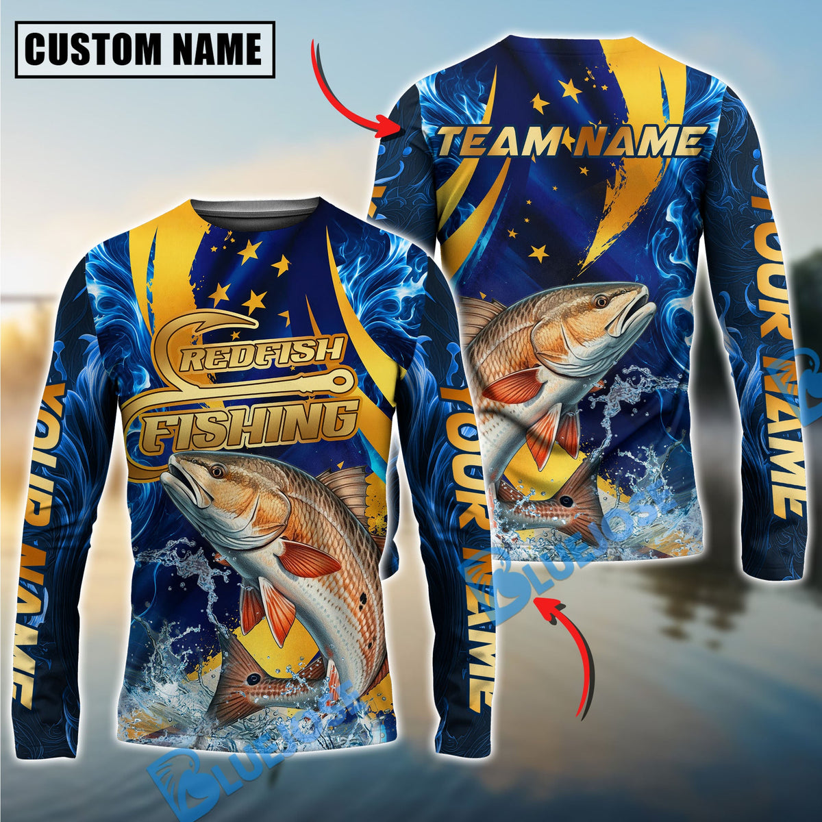 BlueJose Fishing Blue Flame Golden American Flag Custom Name & Team Name 3D Shirts (12 Breeds)