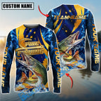 BlueJose Fishing Blue Flame Golden American Flag Custom Name & Team Name 3D Shirts (12 Breeds)