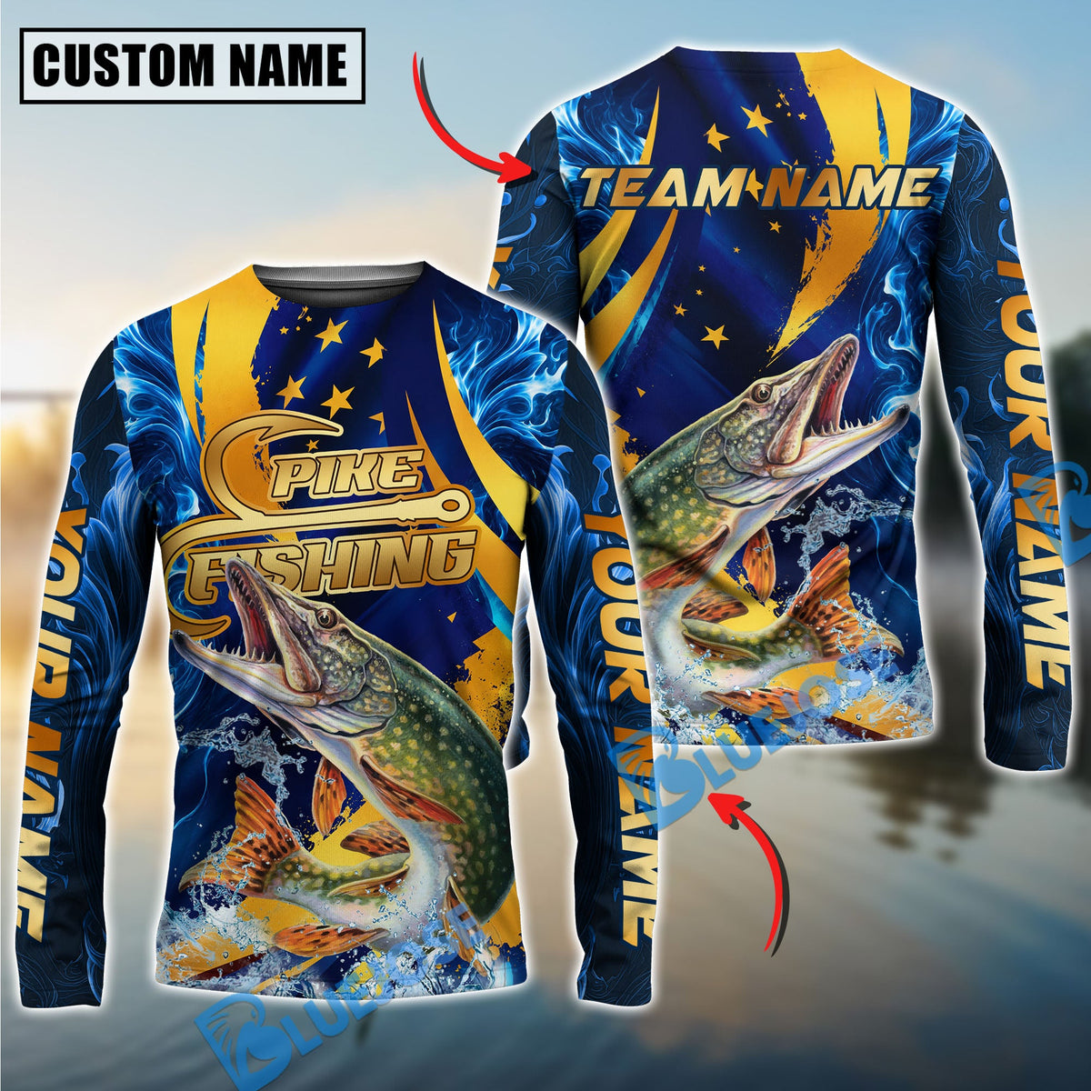 BlueJose Fishing Blue Flame Golden American Flag Custom Name & Team Name 3D Shirts (12 Breeds)