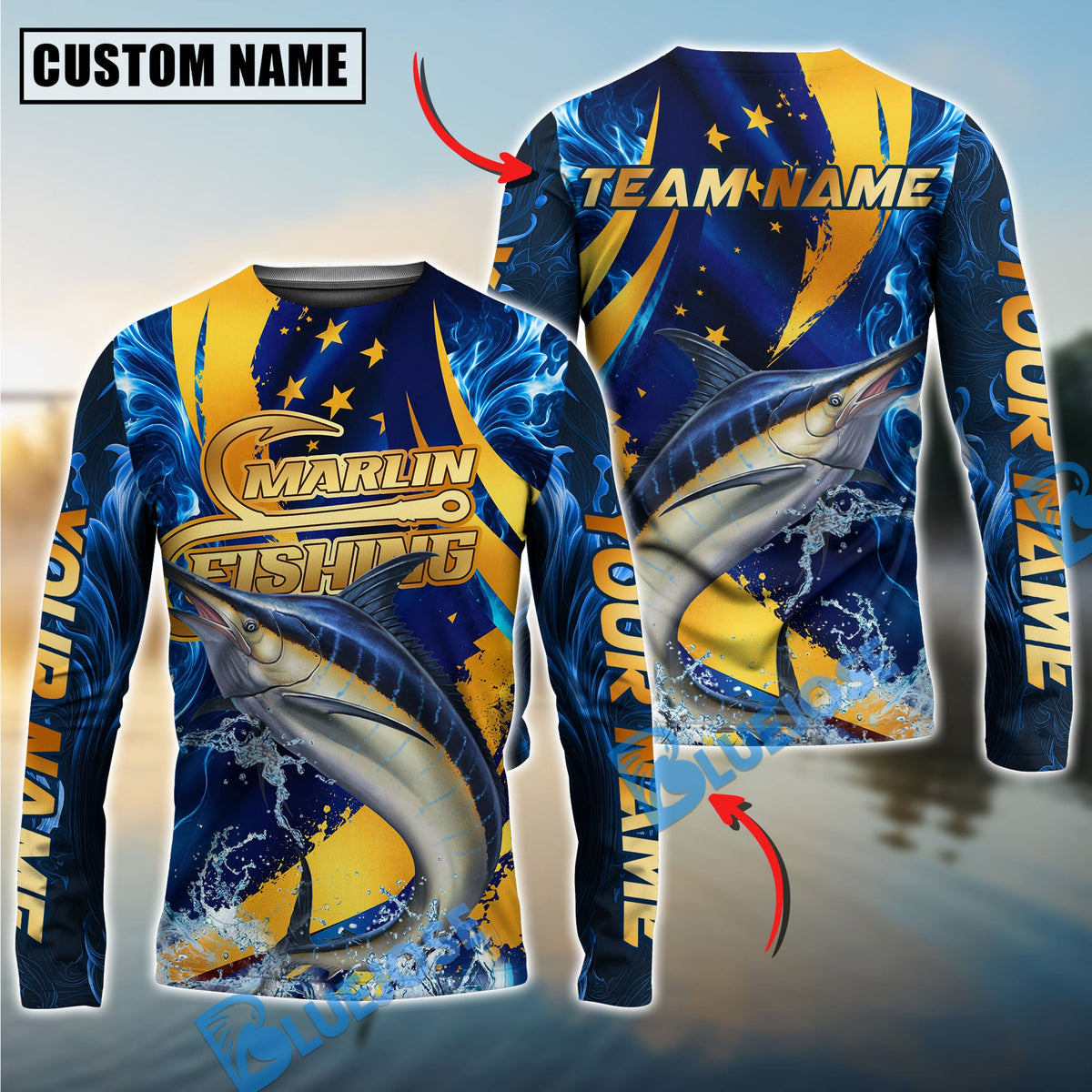 BlueJose Fishing Blue Flame Golden American Flag Custom Name & Team Name 3D Shirts (12 Breeds)