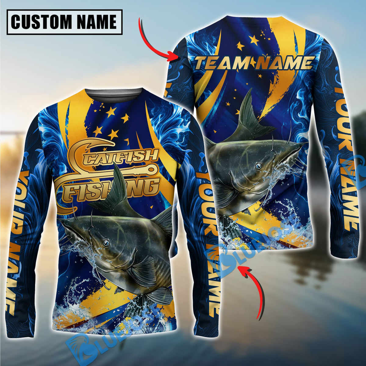 BlueJose Fishing Blue Flame Golden American Flag Custom Name & Team Name 3D Shirts (12 Breeds)