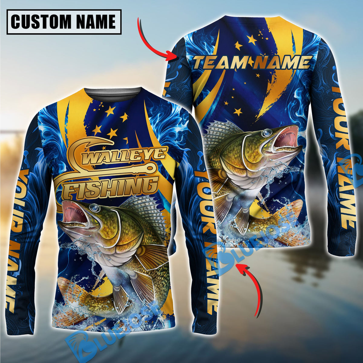 BlueJose Fishing Blue Flame Golden American Flag Custom Name & Team Name 3D Shirts (12 Breeds)