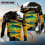 BlueJose Fishing Yellow Rustic Camouflage Custom Name & Team Name 3D Shirts (12 Breeds)