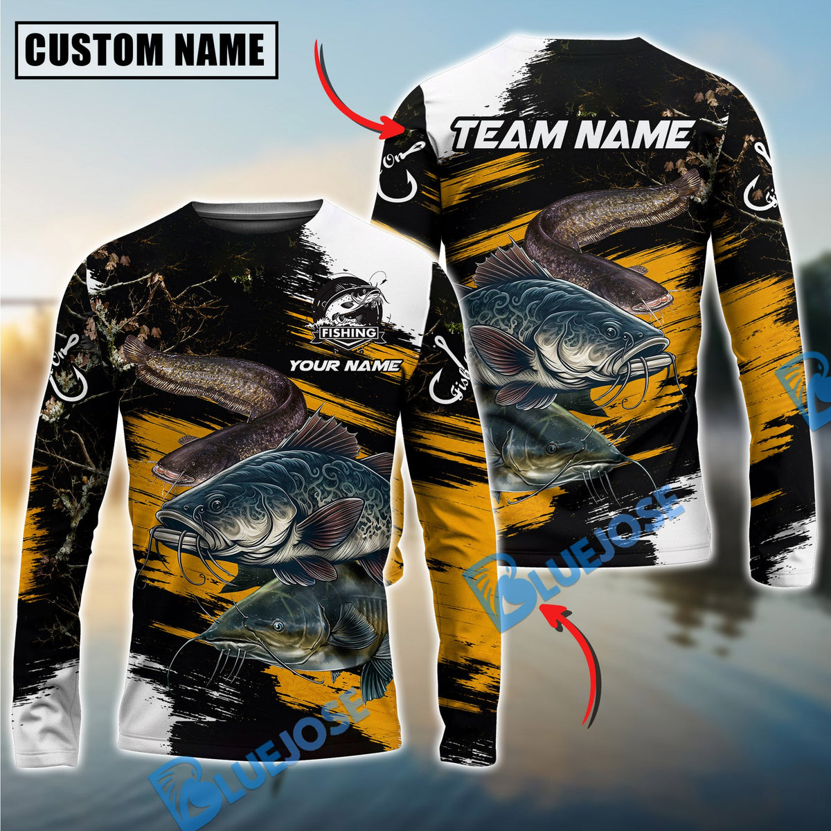 BlueJose Fishing Yellow Rustic Camouflage Custom Name & Team Name 3D Shirts (12 Breeds)