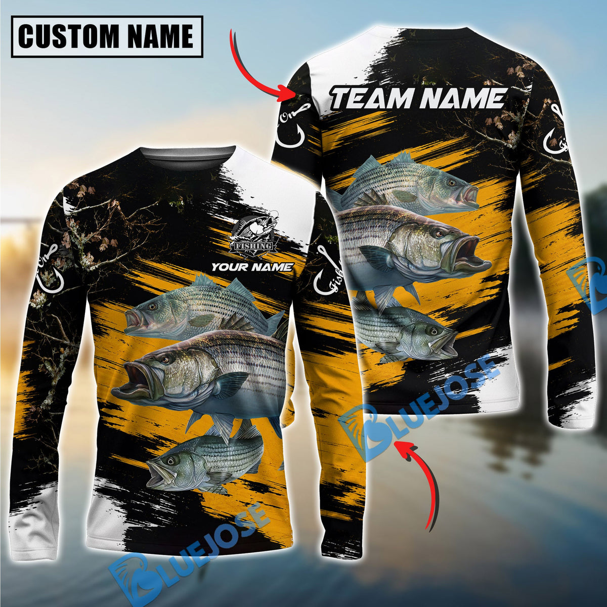 BlueJose Fishing Yellow Rustic Camouflage Custom Name & Team Name 3D Shirts (12 Breeds)