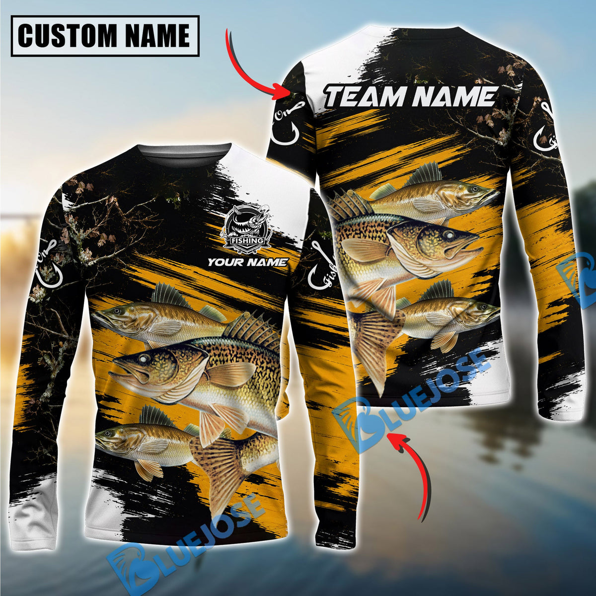 BlueJose Fishing Yellow Rustic Camouflage Custom Name & Team Name 3D Shirts (12 Breeds)