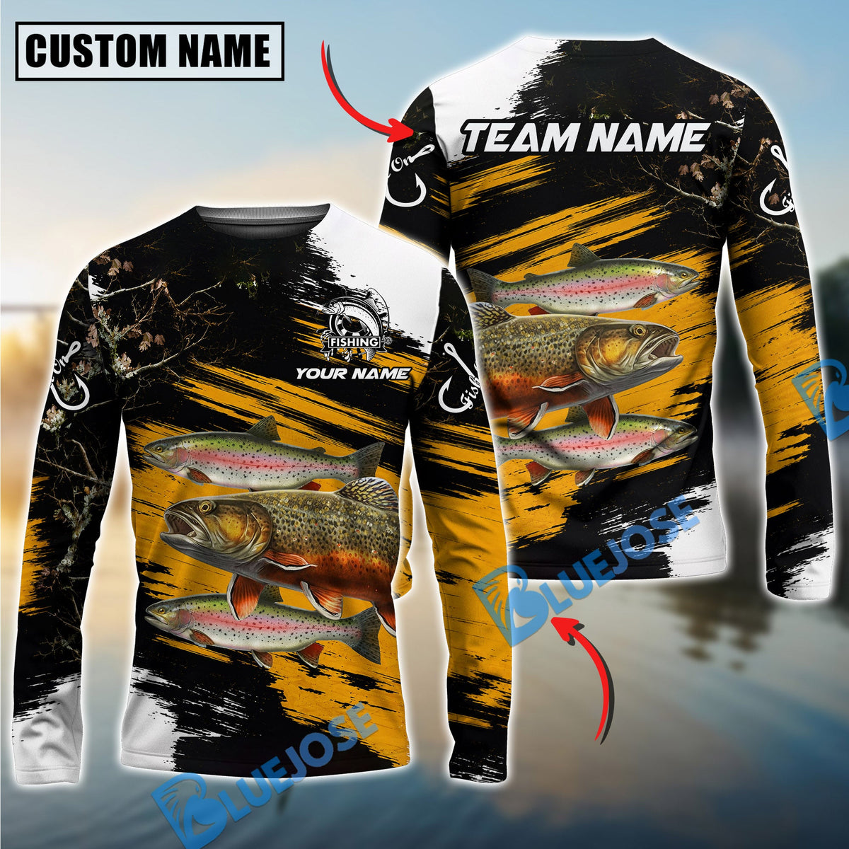 BlueJose Fishing Yellow Rustic Camouflage Custom Name & Team Name 3D Shirts (12 Breeds)