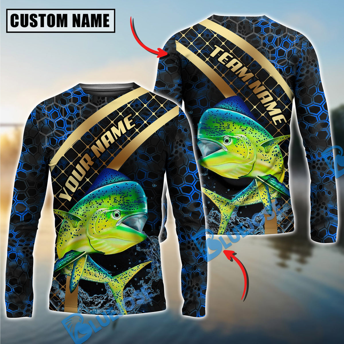 BlueJose Fishing Blue Gold Honeycomb Water Custom Name & Team Name 3D Shirts (12 Breeds)