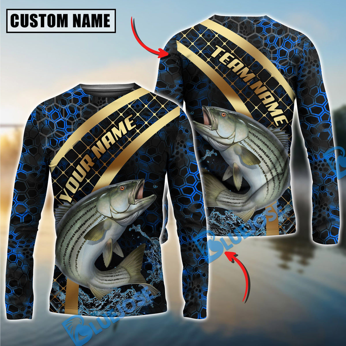 BlueJose Fishing Blue Gold Honeycomb Water Custom Name & Team Name 3D Shirts (12 Breeds)