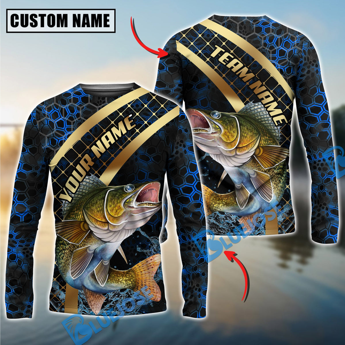 BlueJose Fishing Blue Gold Honeycomb Water Custom Name & Team Name 3D Shirts (12 Breeds)