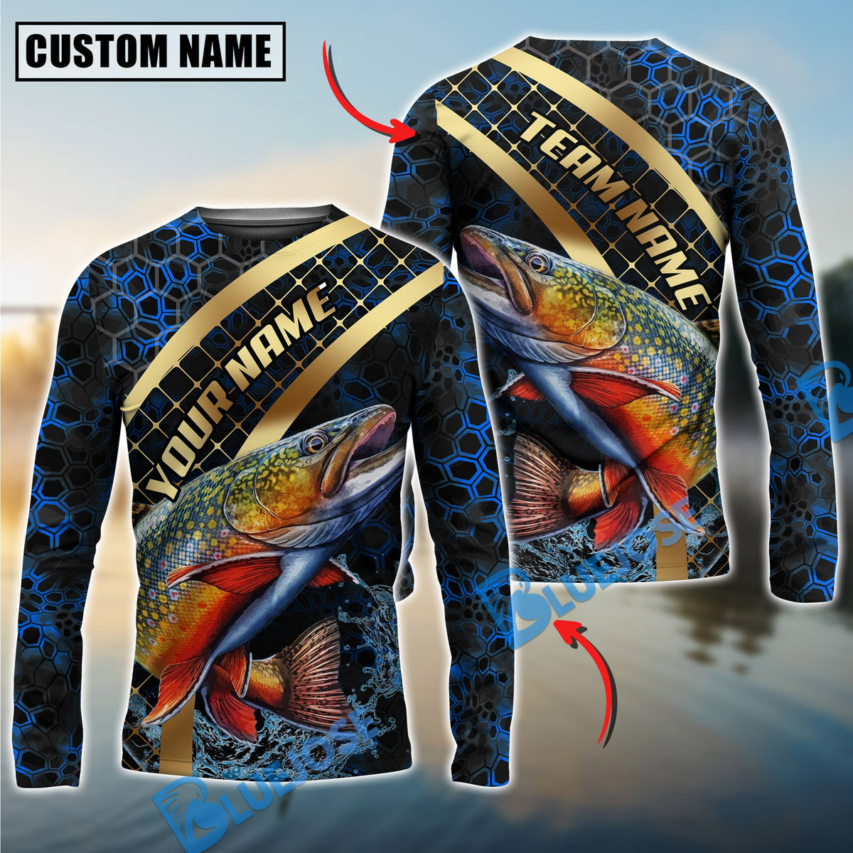 BlueJose Fishing Blue Gold Honeycomb Water Custom Name & Team Name 3D Shirts (12 Breeds)
