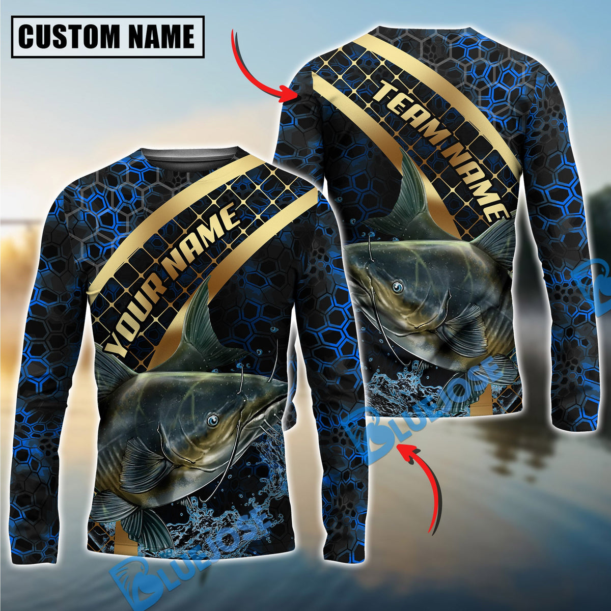 BlueJose Fishing Blue Gold Honeycomb Water Custom Name & Team Name 3D Shirts (12 Breeds)