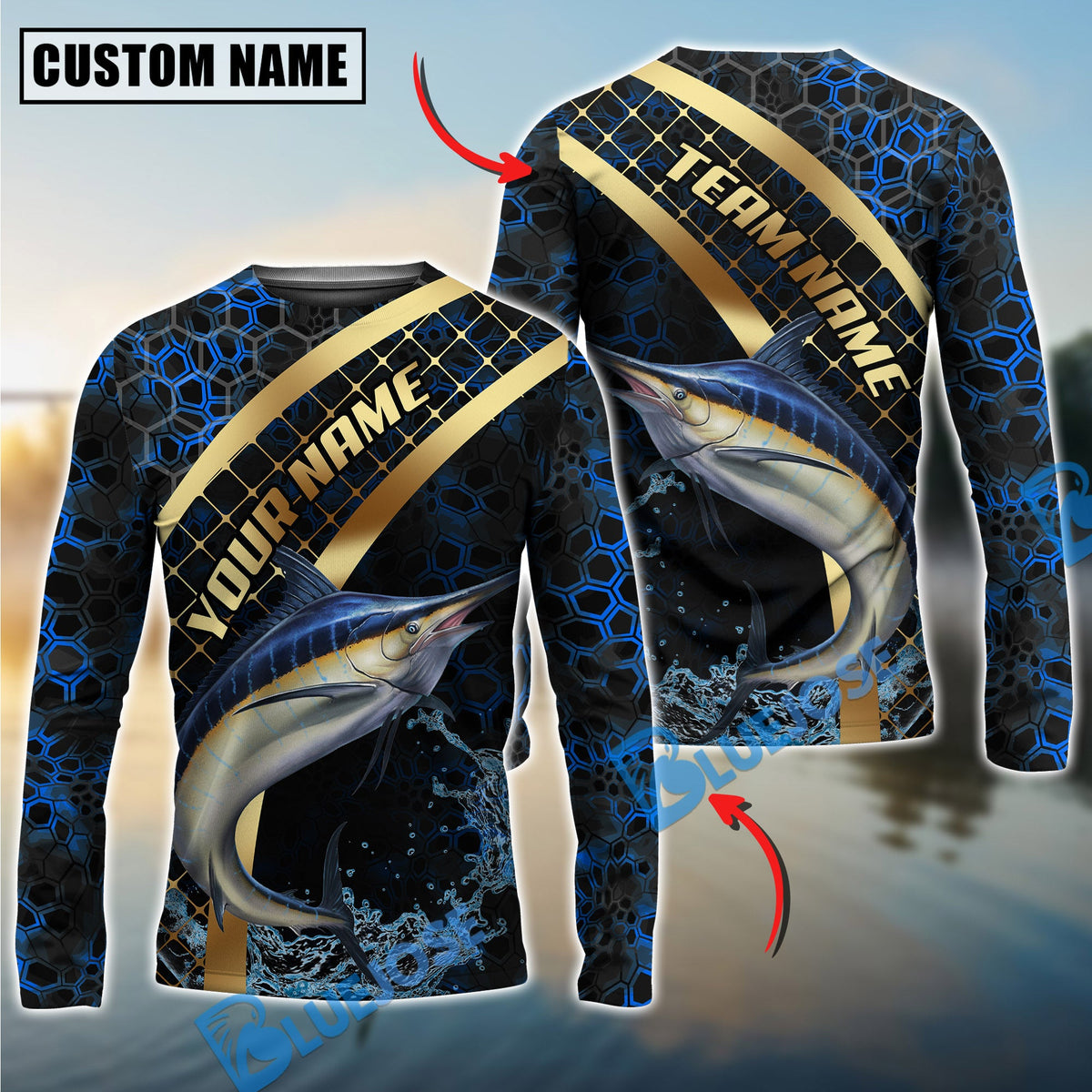 BlueJose Fishing Blue Gold Honeycomb Water Custom Name & Team Name 3D Shirts (12 Breeds)