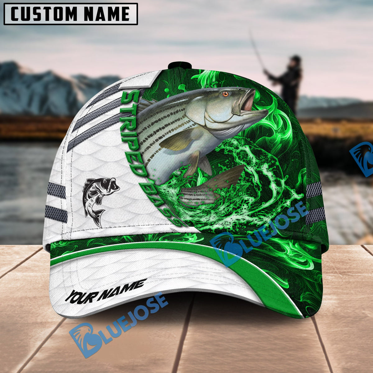 BlueJose Fishing White Green Lava Sport Personalized Name Classic 3D Cap Personalized Cap (13 Breeds)