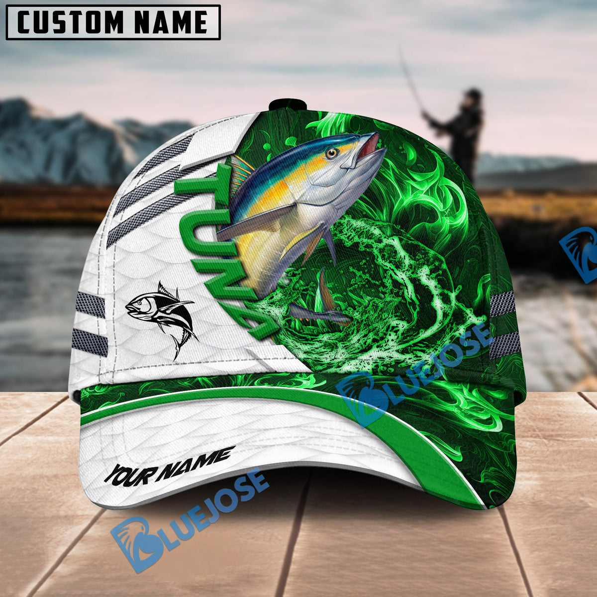 BlueJose Fishing White Green Lava Sport Personalized Name Classic 3D Cap Personalized Cap (13 Breeds)