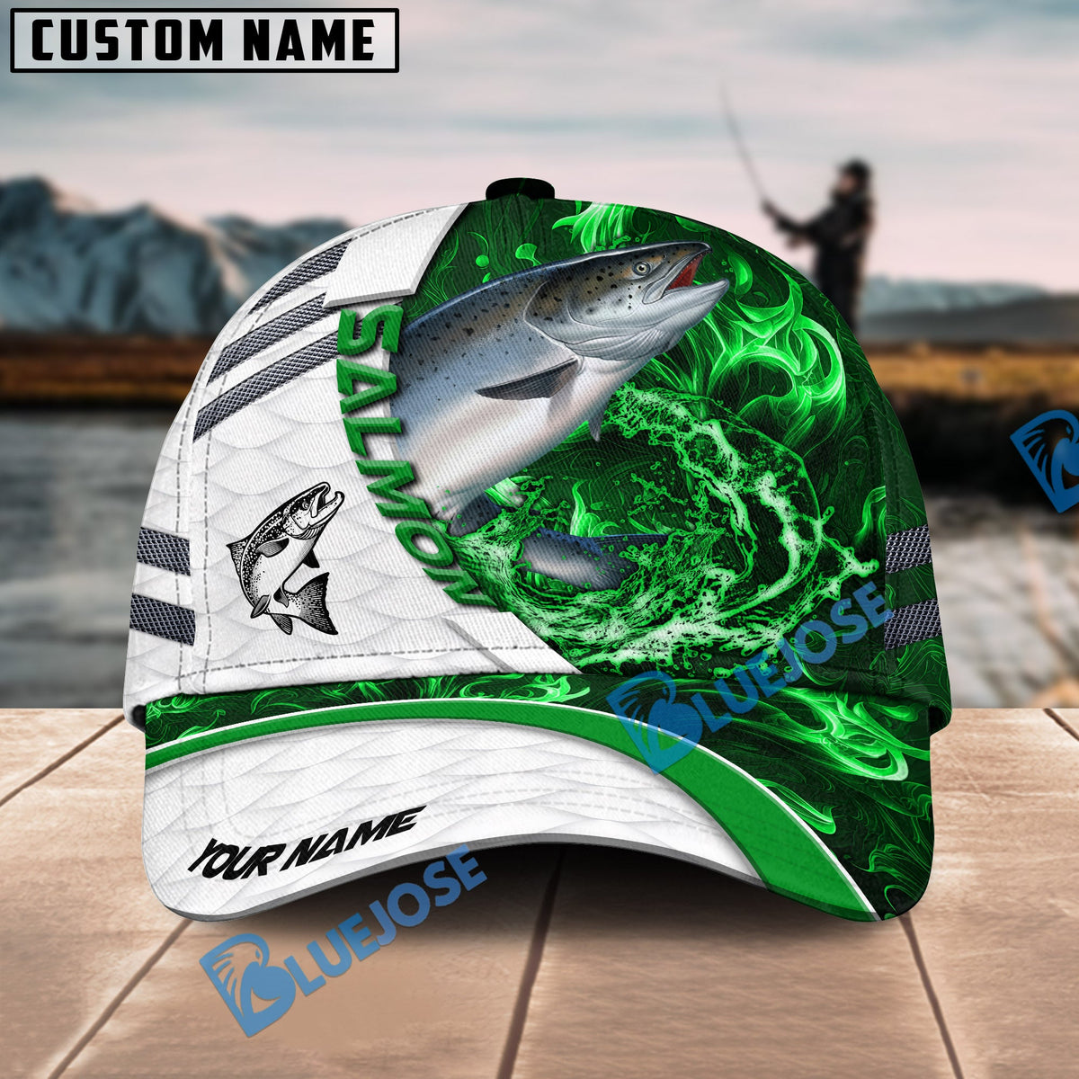 BlueJose Fishing White Green Lava Sport Personalized Name Classic 3D Cap Personalized Cap (13 Breeds)