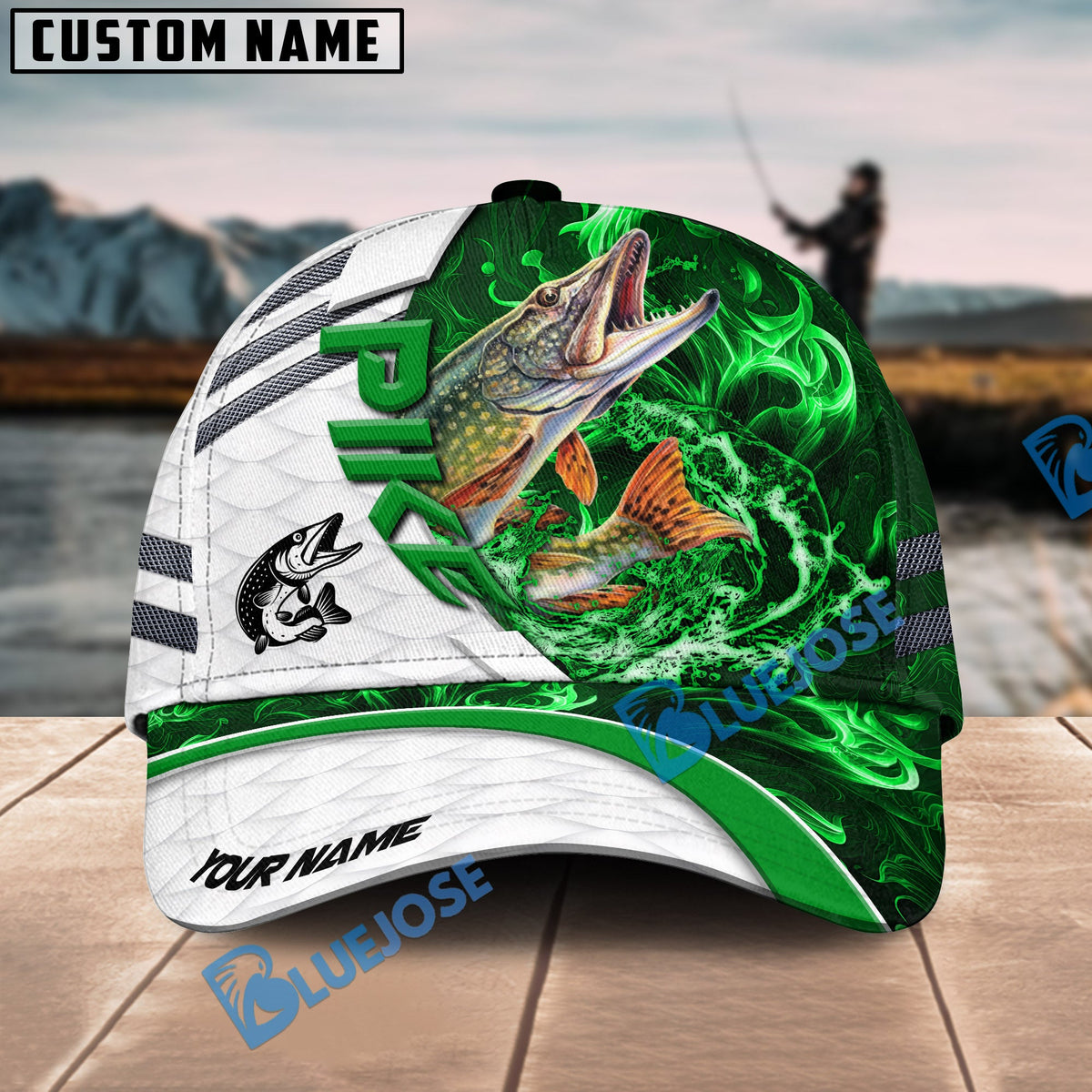 BlueJose Fishing White Green Lava Sport Personalized Name Classic 3D Cap Personalized Cap (13 Breeds)